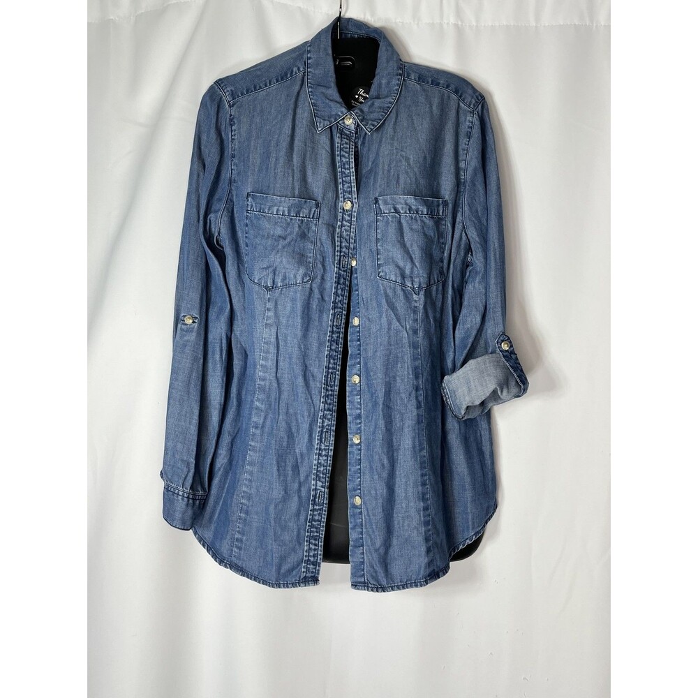 Chico's Shirt Womens Size 8/10 1 Blue Denim Button Up Roll Tab Long Sleeve Top